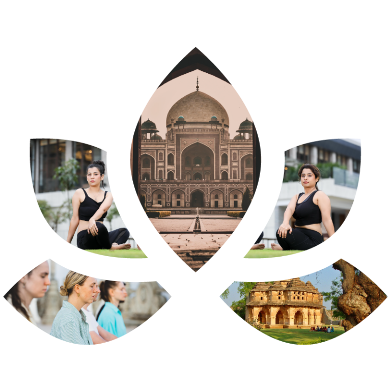 Bildcollage in Lotusform: indische Mogul-Architektur, Yoga- und Meditationsszenen